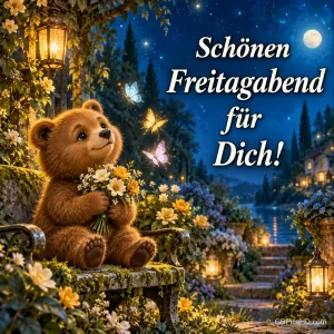 Ein kleiner Bär mit Blumen sitzt auf einer Gartenbank unter Schmetterlingen neben "Schönen Freitagabend für Dich!".