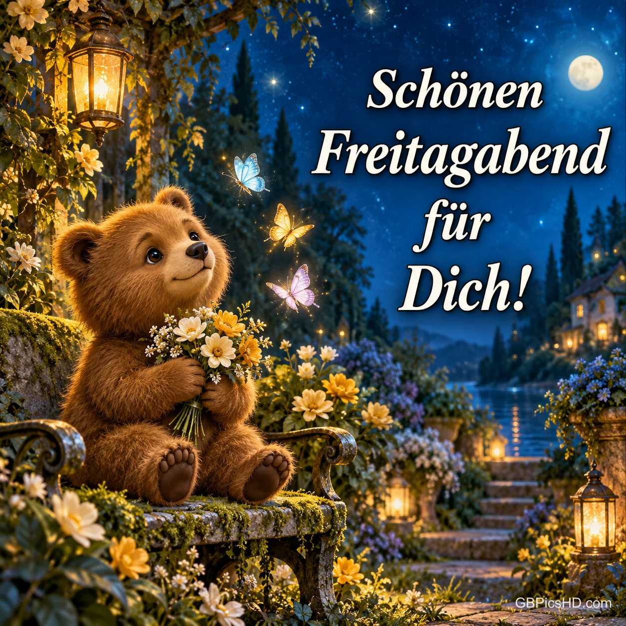Ein kleiner Bär mit Blumen sitzt auf einer Gartenbank unter Schmetterlingen neben "Schönen Freitagabend für Dich!".
