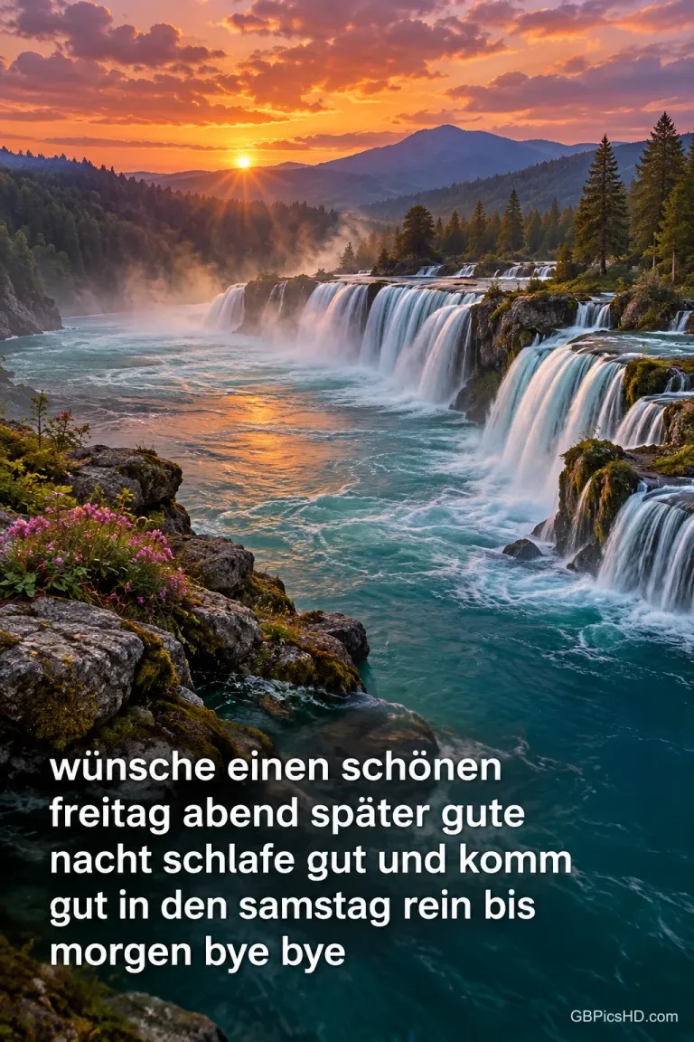 Breite Wasserfälle fließen durch eine bewaldete Berglandschaft im Sonnenuntergang mit dem Gruß "wünsche einen schönen Freitagabend".