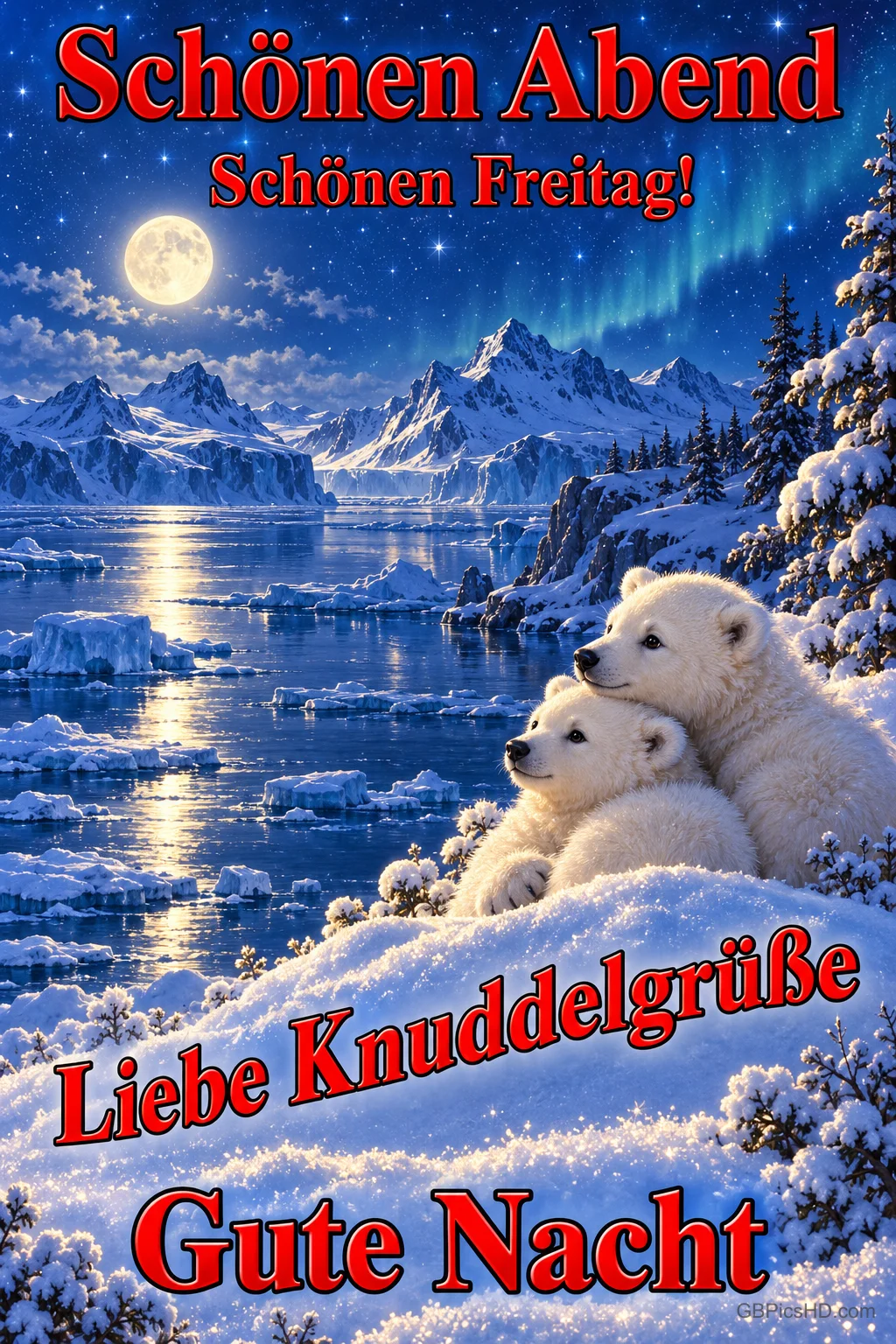 Zwei Eisbären kuscheln im Schnee vor einem Bergsee unter Mond und Polarlicht mit dem Gruß "Liebe Knuddelgrüße".