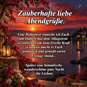 Rote Blüten und eine Laterne rahmen eine Bucht im Sonnenuntergang mit dem Gruß "Zauberhafte liebe Abendgrüße.".
