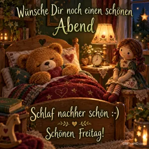 Ein Teddybär liegt im Holzbett neben einer Stoffpuppe, einer Lampe und einem Wecker mit dem Gruß "Schlaf nachher schön :-)".
