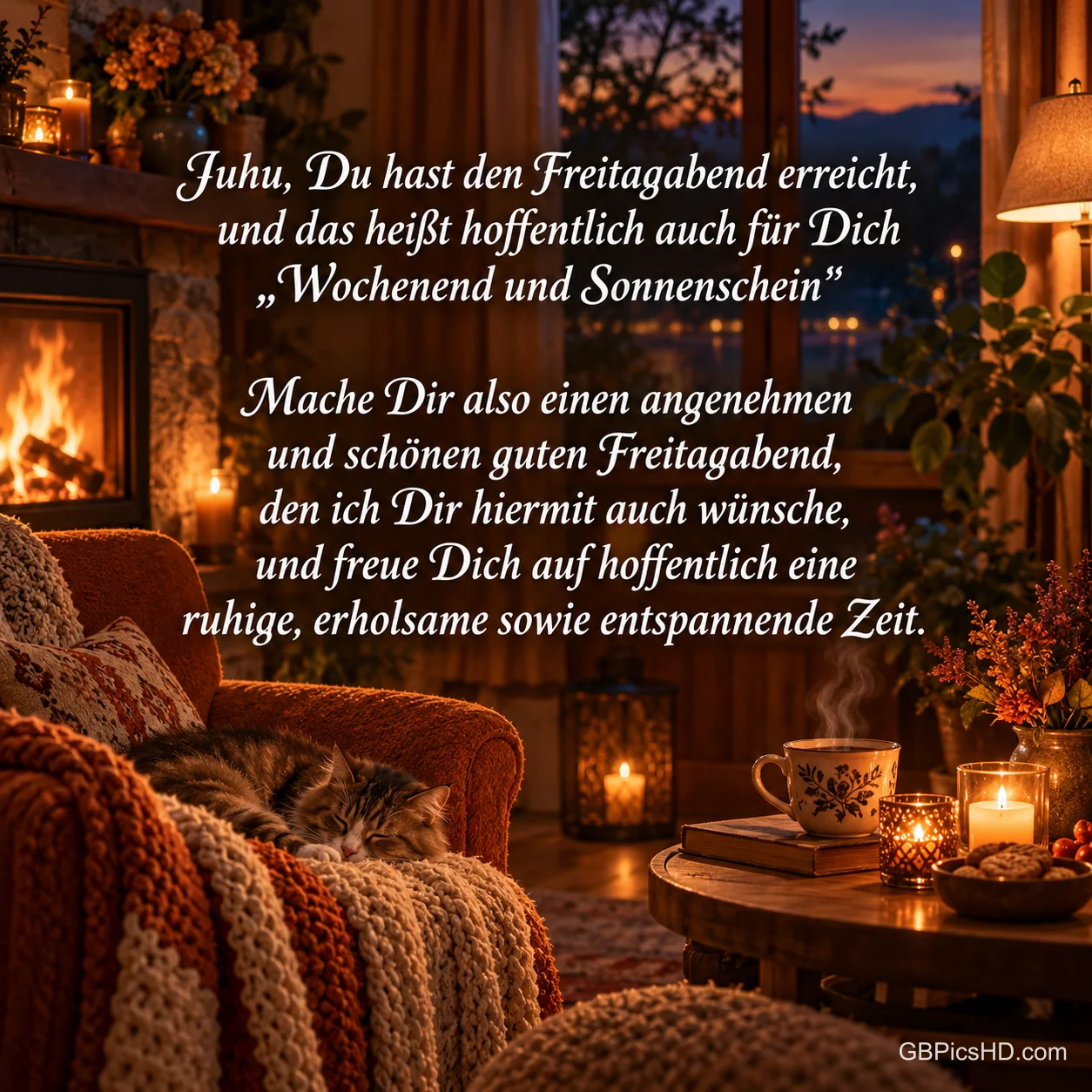 Eine Katze schläft auf einer Decke vor dem Kamin; darüber steht "Juhu, Du hast den Freitagabend erreicht". Eine Katze schläft auf einer Decke vor dem Kamin; darüber steht "Juhu, Du hast den Freitagabend erreicht".
