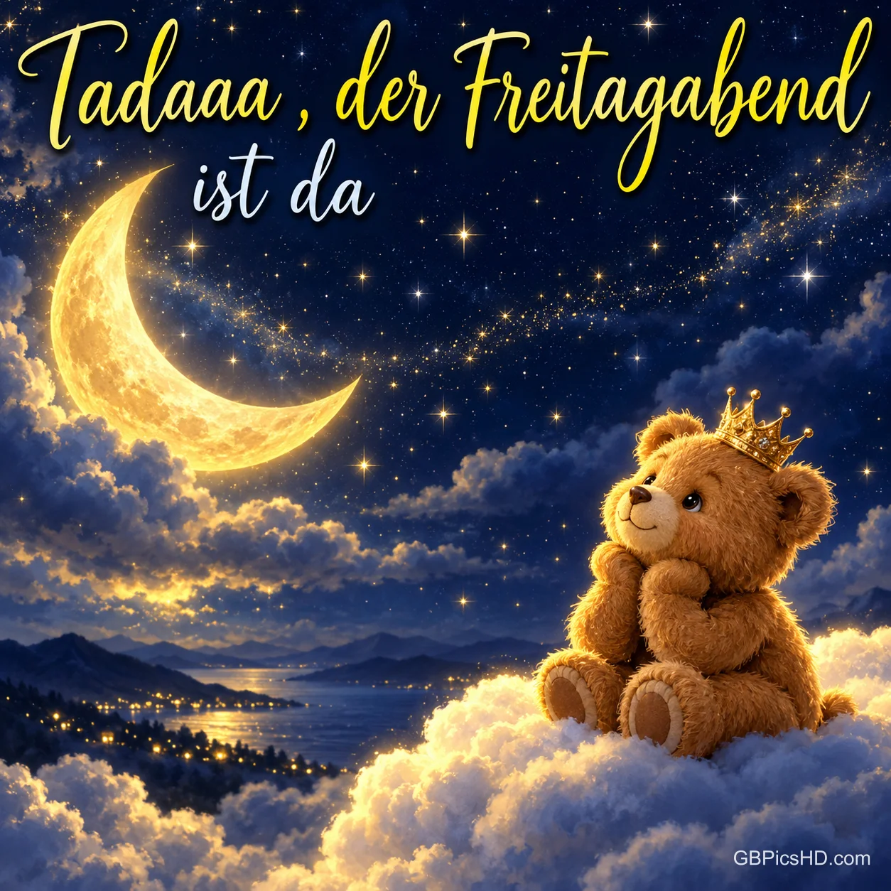 Ein Teddybär mit Krone sitzt auf Wolken unter Sternen und einer Mondsichel mit "Tadaaa, der Freitagabend ist da".