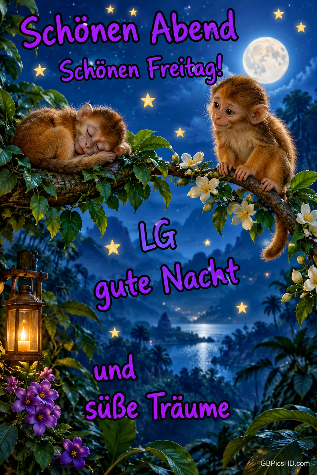 Zwei Äffchen sitzen auf einem blühenden Ast bei Mondlicht mit "Schönen Abend" und "gute Nacht und süße Träume". Zwei Äffchen sitzen auf einem blühenden Ast bei Mondlicht mit "Schönen Abend" und "gute Nacht und süße Träume".