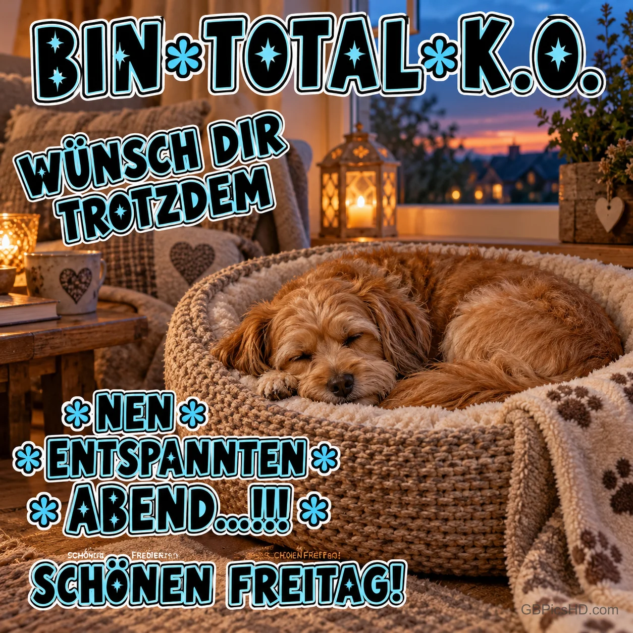 Ein Hund schläft im geflochtenen Körbchen bei Kerzenlicht mit "WÜNSCH DIR TROTZDEM 'NEN ENTSPANNTEN ABEND...!!!".