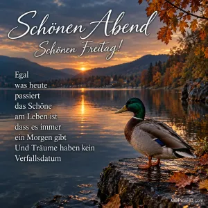 Eine Ente steht am herbstlichen See bei Sonnenuntergang mit "Schönen Abend" und "Schönen Freitag!".