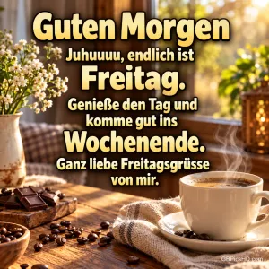 Eine dampfende Kaffeetasse steht neben Schokolade und Blumen im Morgenlicht, dazu "Guten Morgen".