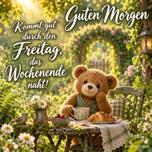 Ein Teddybär sitzt mit einer Tasse, Beeren und einem Croissant am Gartentisch, dazu "Guten Morgen".