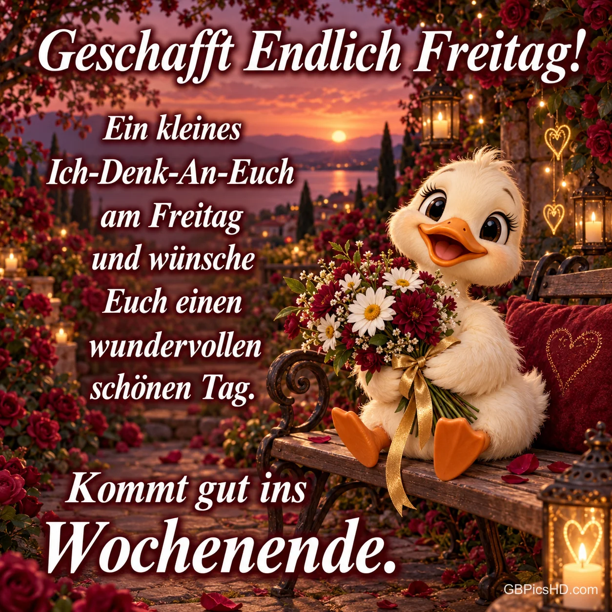 Ein Entenküken sitzt mit einem Blumenstrauß auf einer Bank zwischen Rosen und Laternen, dazu "Geschafft Endlich Freitag!". Ein Entenküken sitzt mit einem Blumenstrauß auf einer Bank zwischen Rosen und Laternen, dazu "Geschafft Endlich Freitag!".
