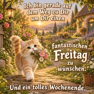 Ein Kätzchen trägt einen Blumenstrauß im Maul über einen Gartenweg, dazu "Und ein tolles Wochenende.".