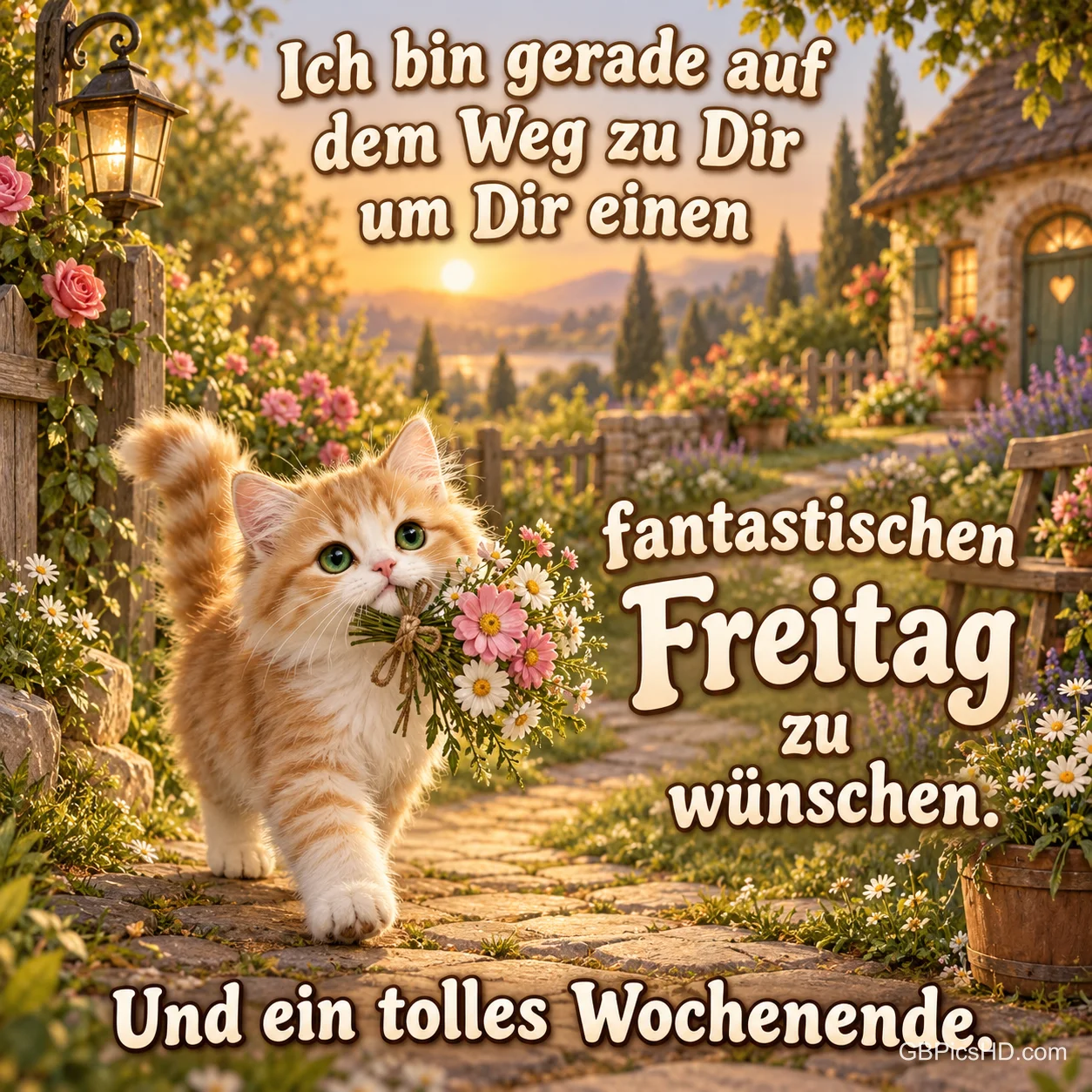 Ein Kätzchen trägt einen Blumenstrauß im Maul über einen Gartenweg, dazu "Und ein tolles Wochenende.". Ein Kätzchen trägt einen Blumenstrauß im Maul über einen Gartenweg, dazu "Und ein tolles Wochenende.".