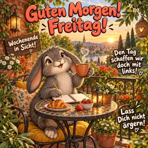 Ein Hase hält eine dampfende Tasse am Gartentisch mit Croissant, Erdbeeren und Notizbuch, dazu "Guten Morgen! Freitag!".
