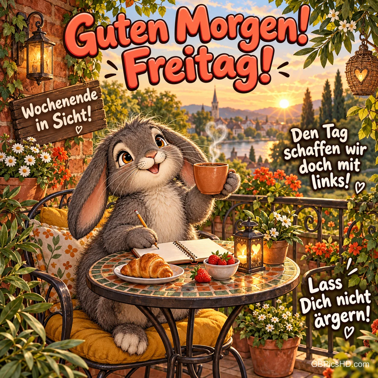 Ein Hase hält eine dampfende Tasse am Gartentisch mit Croissant, Erdbeeren und Notizbuch, dazu "Guten Morgen! Freitag!". Ein Hase hält eine dampfende Tasse am Gartentisch mit Croissant, Erdbeeren und Notizbuch, dazu "Guten Morgen! Freitag!".