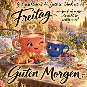 Zwei Tassen mit lachenden Gesichtern und herzförmigem Dampf stehen neben Croissants und Beeren, dazu "Guten Morgen".