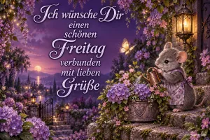 Eine Maus gießt violette Blumen auf einer Steinstufe im Abendlicht, dazu "Ich wünsche Dir einen schönen Freitag".