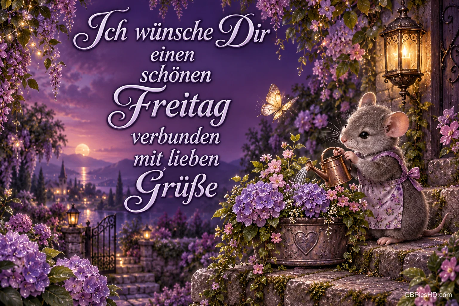 Eine Maus gießt violette Blumen auf einer Steinstufe im Abendlicht, dazu "Ich wünsche Dir einen schönen Freitag".