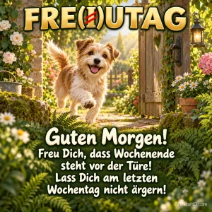 Ein fröhlicher Hund läuft durch ein offenes Gartentor zwischen Blumen, dazu "Guten Morgen!".