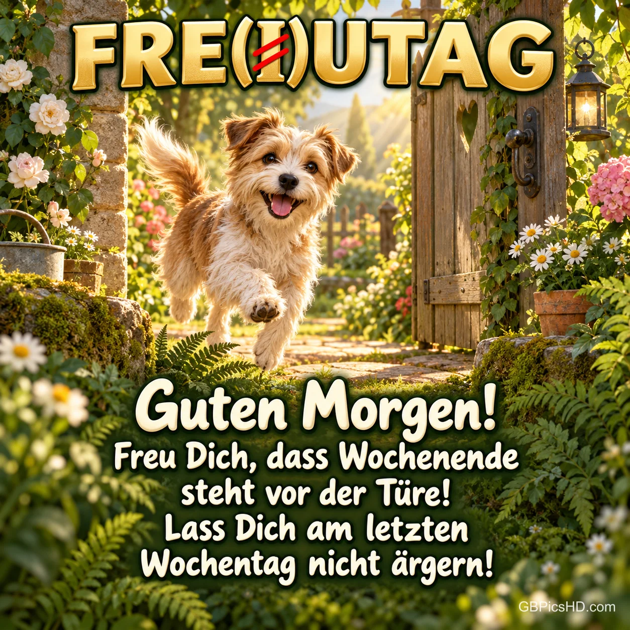Ein fröhlicher Hund läuft durch ein offenes Gartentor zwischen Blumen, dazu "Guten Morgen!". Ein fröhlicher Hund läuft durch ein offenes Gartentor zwischen Blumen, dazu "Guten Morgen!".