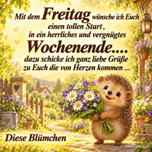 Ein lächelnder Igel hält einen Blumenstrauß im sonnigen Garten und schickt "ganz liebe Grüße" zum Freitag.