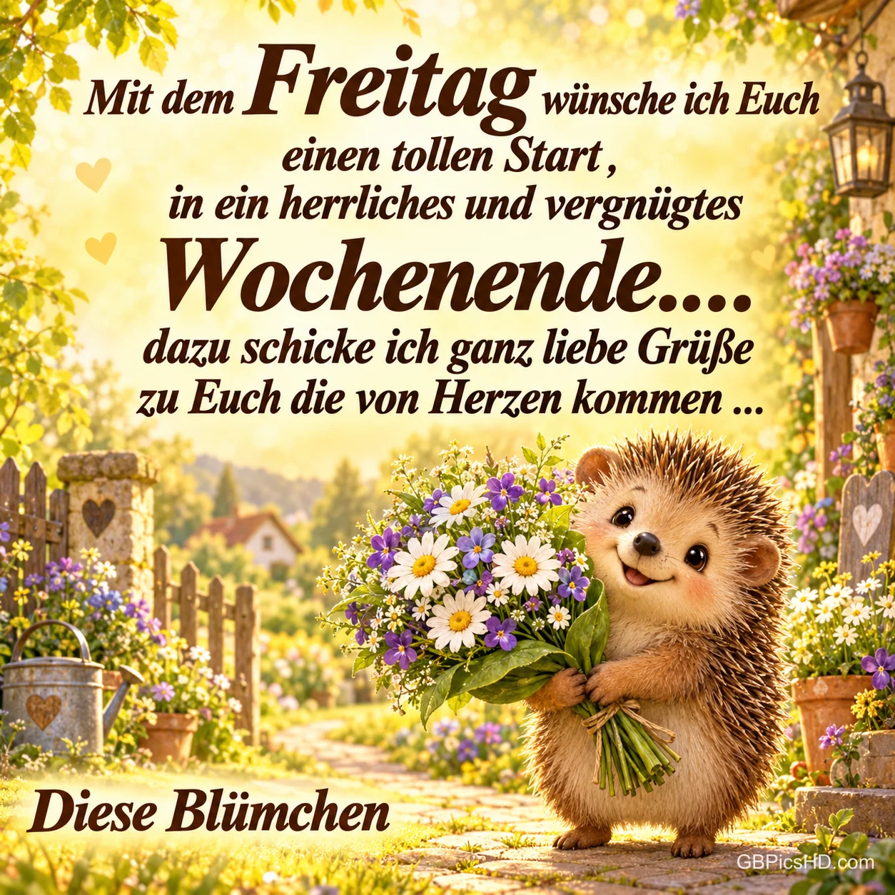 Ein lächelnder Igel hält einen Blumenstrauß im sonnigen Garten und schickt "ganz liebe Grüße" zum Freitag. Ein lächelnder Igel hält einen Blumenstrauß im sonnigen Garten und schickt "ganz liebe Grüße" zum Freitag.