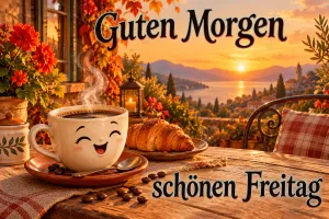 Eine lachende Kaffeetasse und ein Croissant stehen vor einem See im Sonnenaufgang mit "Guten Morgen" und "schönen Freitag".