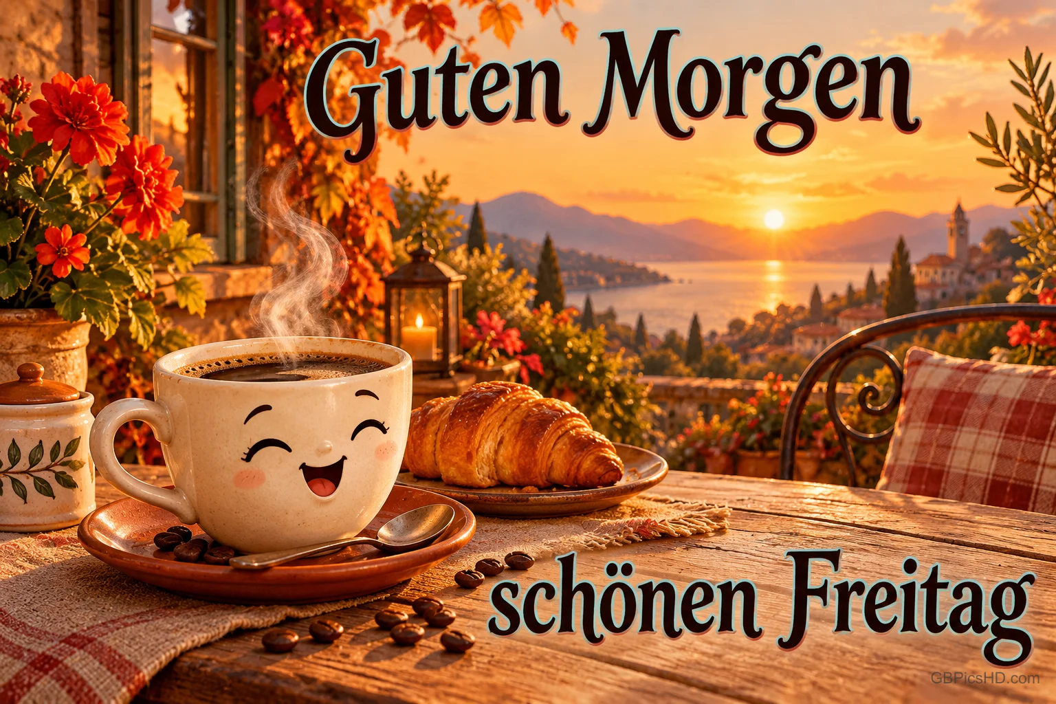 Eine lachende Kaffeetasse und ein Croissant stehen vor einem See im Sonnenaufgang mit "Guten Morgen" und "schönen Freitag".