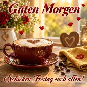 Eine rote Kaffeetasse mit Herz im Milchschaum steht neben Blumen und schwebenden Herzen: "Schicken Freitag euch allen!".
