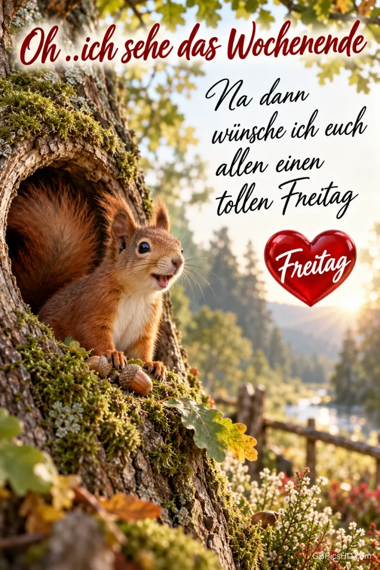 Ein Eichhörnchen sitzt in einer moosigen Baumhöhle neben einem roten Herz mit "Freitag" und einem Gruß zum Wochenende.