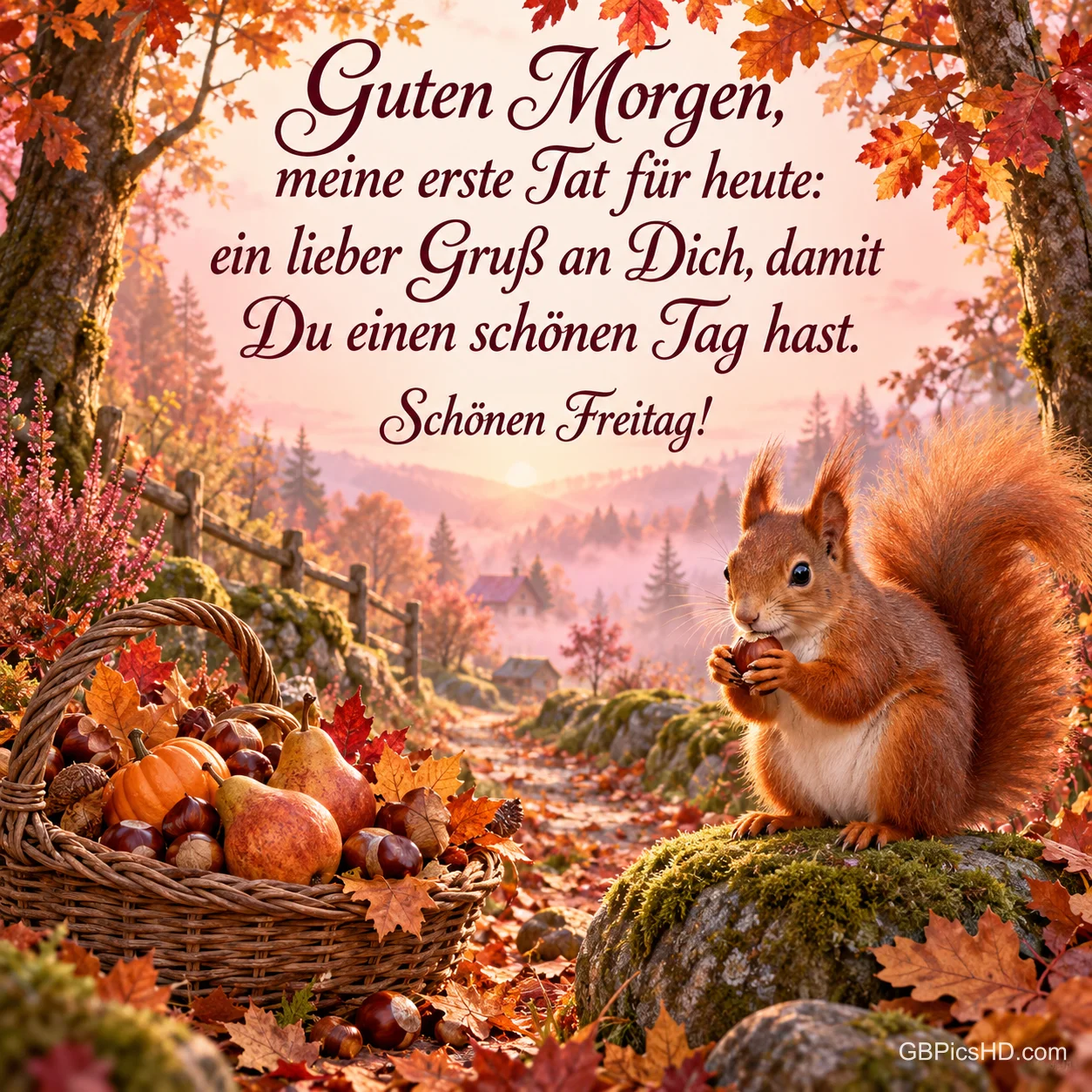 Ein Eichhörnchen knabbert auf einem moosigen Stein neben einem Korb mit Äpfeln, Kürbissen und Nüssen: "Schönen Freitag!". Ein Eichhörnchen knabbert auf einem moosigen Stein neben einem Korb mit Äpfeln, Kürbissen und Nüssen: "Schönen Freitag!".