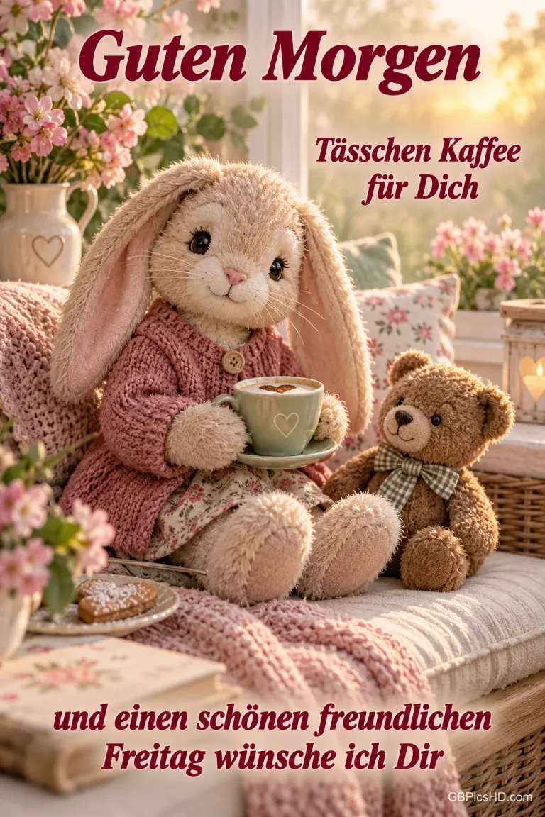 Ein Plüschhase im rosa Strickjäckchen hält eine Kaffeetasse neben einem Teddybären mit dem Gruß "Guten Morgen".