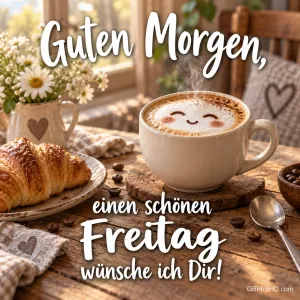 Eine Kaffeetasse mit lächelndem Milchschaum steht neben Croissant und Gänseblümchen: "Einen schönen Freitag wünsche ich Dir!".