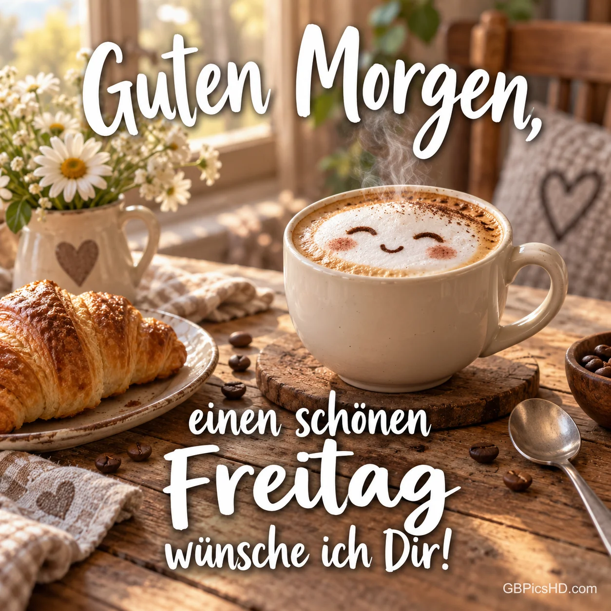 Eine Kaffeetasse mit lächelndem Milchschaum steht neben Croissant und Gänseblümchen: "Einen schönen Freitag wünsche ich Dir!".