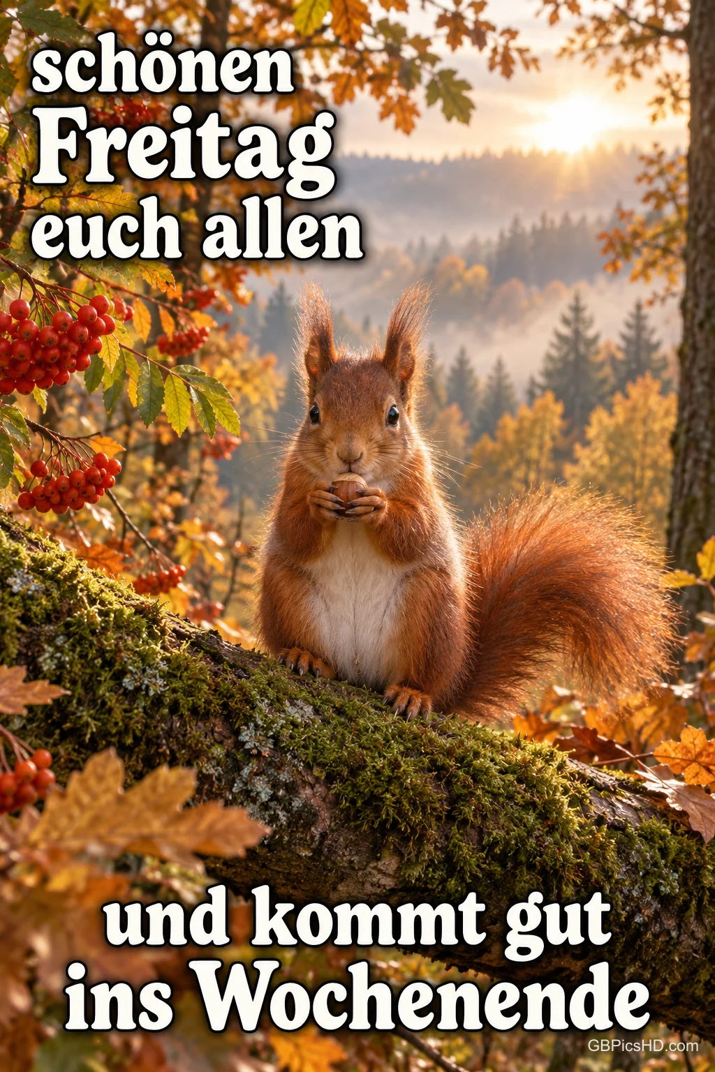 Ein Eichhörnchen sitzt auf einem moosigen Ast zwischen Herbstlaub und roten Beeren mit dem Gruß "Schönen Freitag euch allen".