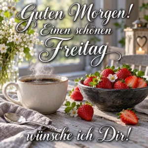 Eine dampfende Kaffeetasse steht neben einer Schale Erdbeeren und Blumen mit dem Gruß "Guten Morgen!".