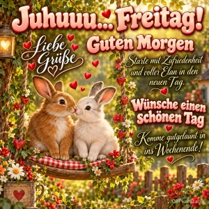 Zwei Kaninchen sitzen auf einer blumengeschmückten Schaukel zwischen roten Herzen mit dem Gruß "Juhuuu... Freitag!".
