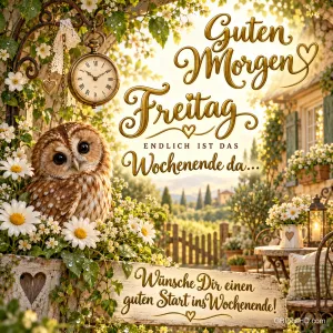Eine Eule sitzt zwischen weißen Blüten unter einer alten Uhr im sonnigen Garten mit dem Gruß "Guten Morgen".