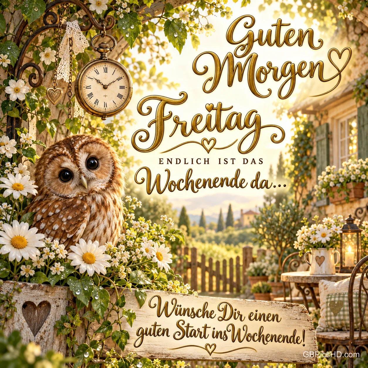 Eine Eule sitzt zwischen weißen Blüten unter einer alten Uhr im sonnigen Garten mit dem Gruß "Guten Morgen". Eine Eule sitzt zwischen weißen Blüten unter einer alten Uhr im sonnigen Garten mit dem Gruß "Guten Morgen".