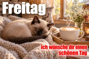 Eine Katze schläft auf einer Strickdecke neben einer Tasse Kaffee mit Milchschaum und dem Gruß "Freitag ich wünsche dir einen schönen Tag".