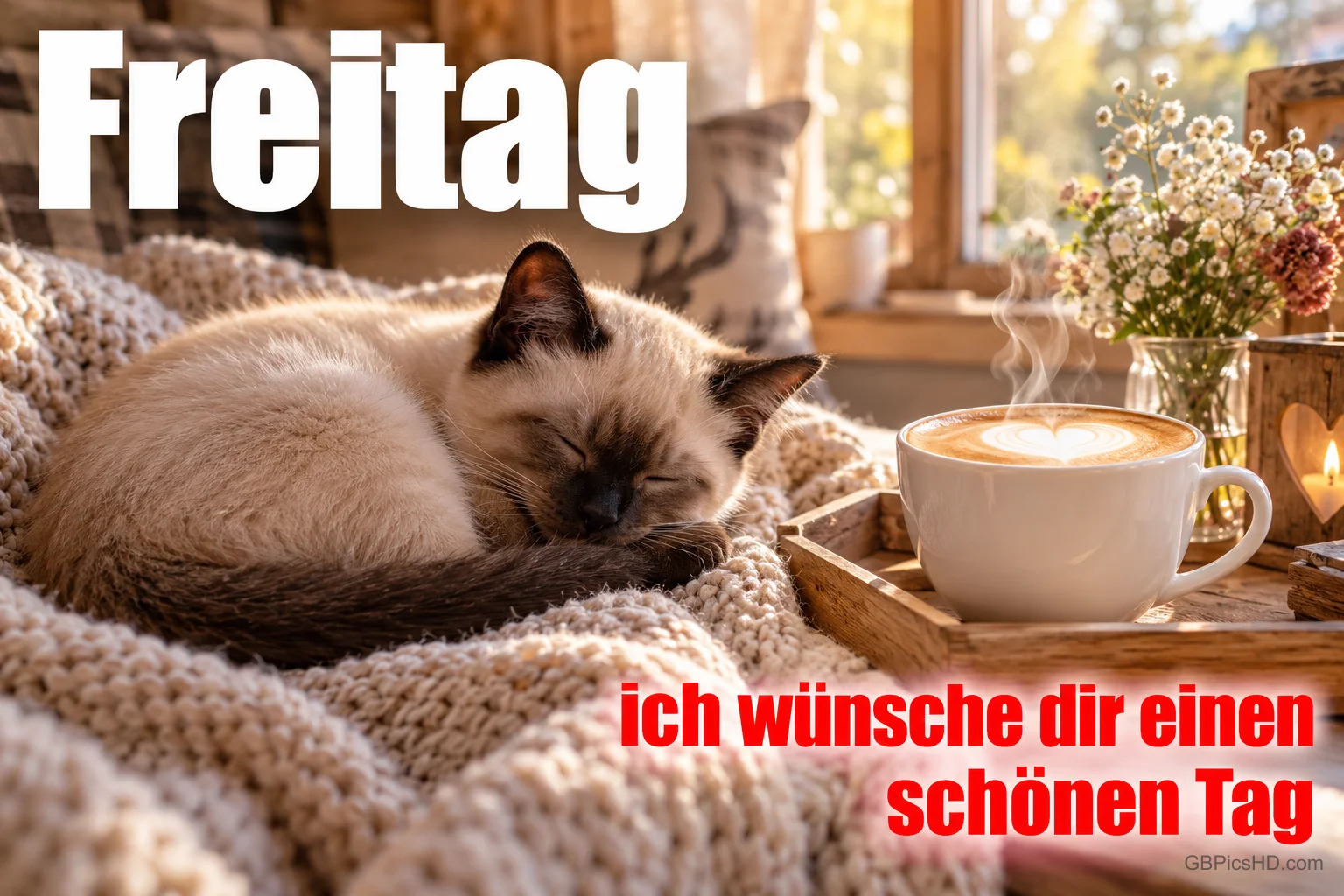 Eine Katze schläft auf einer Strickdecke neben einer Tasse Kaffee mit Milchschaum und dem Gruß "Freitag ich wünsche dir einen schönen Tag". Eine Katze schläft auf einer Strickdecke neben einer Tasse Kaffee mit Milchschaum und dem Gruß "Freitag ich wünsche dir einen schönen Tag".