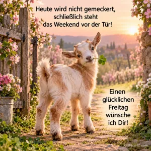 Ein Zicklein steht mit Klee im Maul auf einem blühenden Gartenweg neben dem Gruß "Einen glücklichen Freitag wünsche ich Dir!".