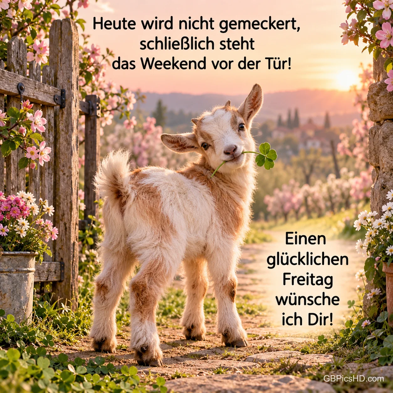 Ein Zicklein steht mit Klee im Maul auf einem blühenden Gartenweg neben dem Gruß "Einen glücklichen Freitag wünsche ich Dir!".