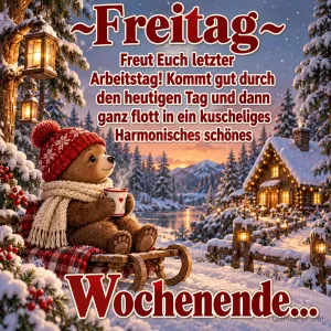 Ein Bär mit roter Mütze, Schal und Tasse sitzt auf einem Schlitten vor einer verschneiten Hütte mit dem Gruß "~Freitag~".
