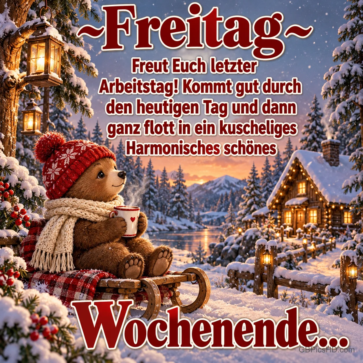 Ein Bär mit roter Mütze, Schal und Tasse sitzt auf einem Schlitten vor einer verschneiten Hütte mit dem Gruß "~Freitag~". Ein Bär mit roter Mütze, Schal und Tasse sitzt auf einem Schlitten vor einer verschneiten Hütte mit dem Gruß "~Freitag~".