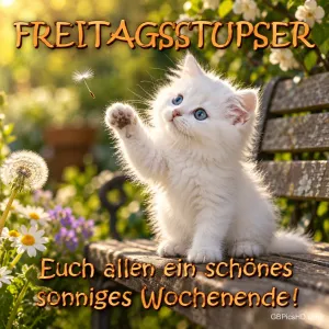 Ein weißes Kätzchen hebt auf einer Gartenbank die Pfote nach einem schwebenden Löwenzahnsamen unter dem Gruß "FREITAGSSTUPSER".