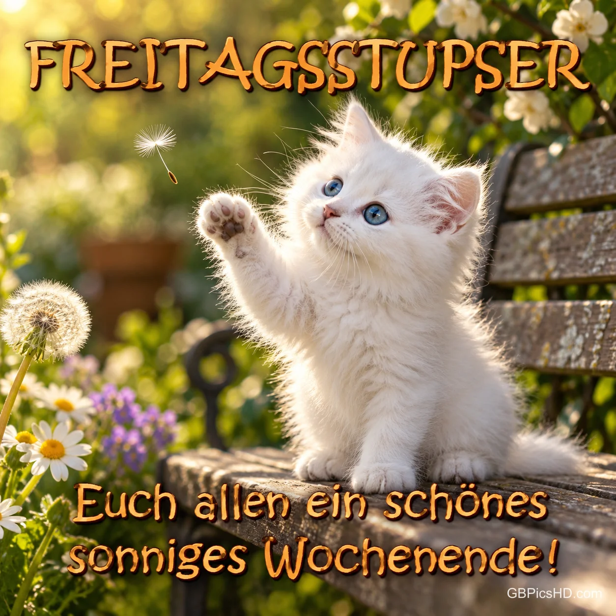 Ein weißes Kätzchen hebt auf einer Gartenbank die Pfote nach einem schwebenden Löwenzahnsamen unter dem Gruß "FREITAGSSTUPSER". Ein weißes Kätzchen hebt auf einer Gartenbank die Pfote nach einem schwebenden Löwenzahnsamen unter dem Gruß "FREITAGSSTUPSER".