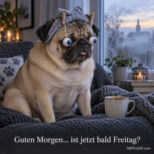 Ein Mops mit Stirnband und hängenden Spielzeugaugen sitzt neben einer Kaffeetasse mit dem Gruß "Guten Morgen... ist jetzt bald Freitag?".