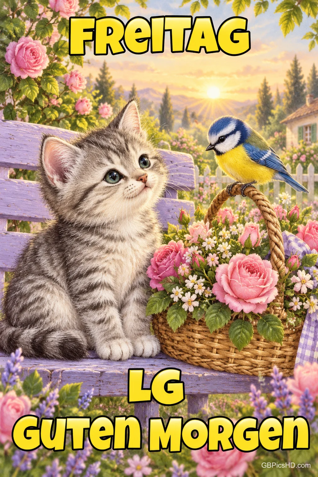 Ein Kätzchen sitzt neben einem Blumenkorb und einer Blaumeise auf einer lila Bank mit "FREITAG LG GUTEN MORGEN".