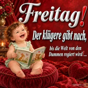 Ein lachendes Kleinkind mit Buch sitzt auf rotem Samt neben "Freitag! Der Klügere gibt nach, bis die Welt von den Dummen regiert wird!...".