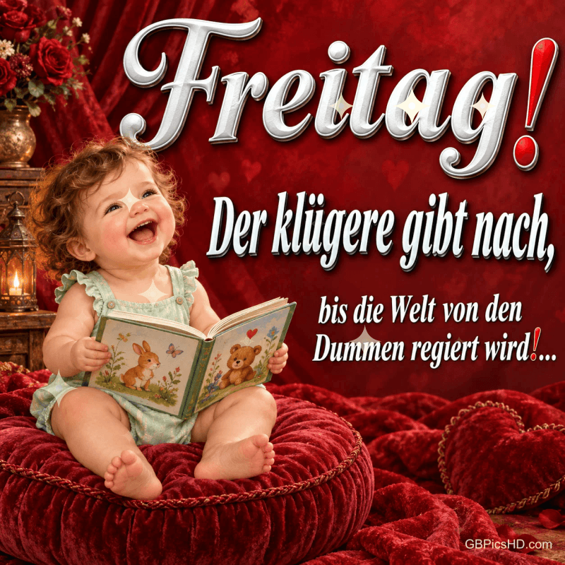 Ein lachendes Kleinkind mit Buch sitzt auf rotem Samt neben "Freitag! Der Klügere gibt nach, bis die Welt von den Dummen regiert wird!...".